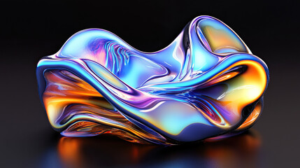 Obraz premium Abstract Iridescent Shape on Dark Background, 3D Render, Modern Digital Art, Elegant 3D Illustration, Vibrant Light Effects, Sophisticated Design, Contemporary Visuals