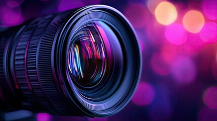 Close-up of a camera lens capturing vibrant bokeh lights, showcasing the intricate details of photography equipment.