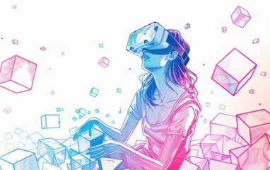 A woman wearing a VR headset playing with blocks, surrounded by low-poly wireframe shapes and cubes floating in the air Generative AI