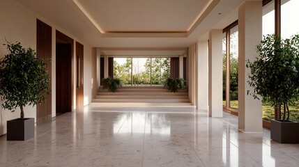 Obraz premium A large, empty room with a lot of windows and a few potted plants. The room is very spacious and has a clean, modern look