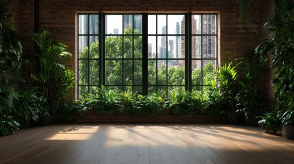 A large window in a room with a view of the city. The room is empty and has a lot of greenery, including potted plants. The sunlight coming through the window illuminates the room, creating a warm