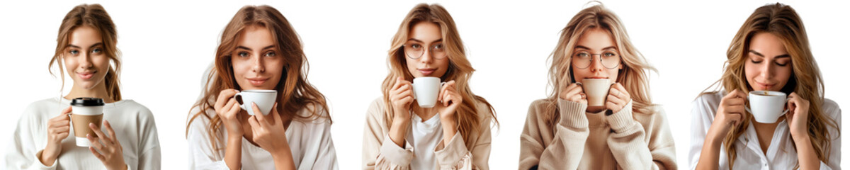 Pack of blonde Woman drinking coffee set isolated on transparent