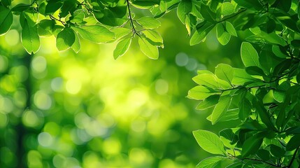 Obraz premium Lush green foliage with sunlight filtering through leaves, creating a tranquil, natural setting perfect for relaxation and rejuvenation.