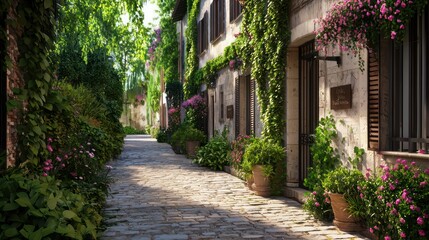Obraz premium A narrow street lined with flowers and ivy. The street is lined with potted plants and has a brick walkway