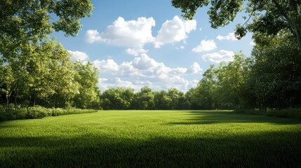 A large, open field with a clear blue sky and a few clouds. The sky is bright and sunny, and the grass is lush and green. The scene is peaceful and serene, with the trees providing a sense of calm