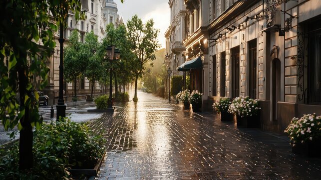 Fototapeta A city street with a brick sidewalk and a row of potted plants. The street is wet from the rain, and the sun is shining through the clouds. The scene has a peaceful and calming mood