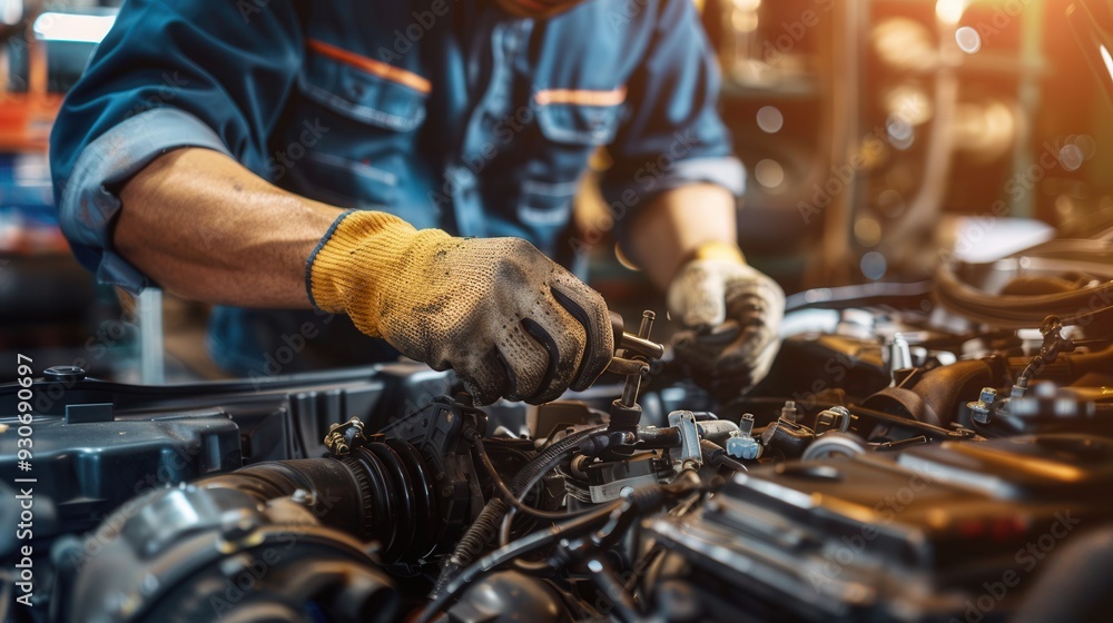 Aufkleber a mechanic conducts a computer diagnosis and repairs the engine of a vehicle in a well-equipped work