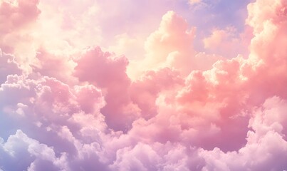 Fototapeta premium Fluffy pink clouds in sunrise sky. Scenic aerial view. Tranquil sky and soft cloudscape concept. Dreamy and ethereal. 3D render