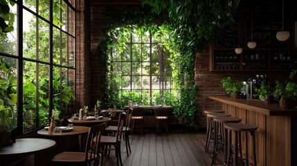 Fototapeta premium A restaurant with a lot of greenery and a lot of wood. The tables are set up with chairs and there are potted plants in the room. The atmosphere is cozy and inviting