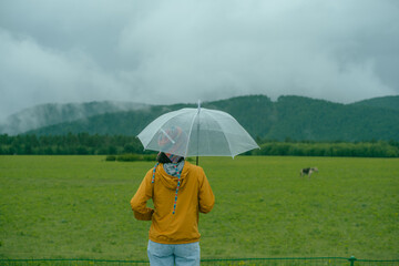Asian beautiful woman holding umbrella in raining season at the park. Lifesyle and people with...