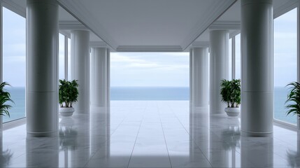 Fototapeta premium A large, empty room with a view of the ocean. The room is decorated with potted plants and has a white color scheme
