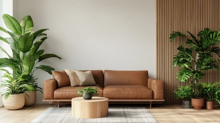A living room with a brown couch, a coffee table, and a few potted plants. The room has a cozy and inviting atmosphere