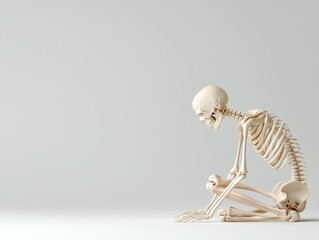 Human Skeleton Sitting in Thoughtful Pose Against Minimalist Background
