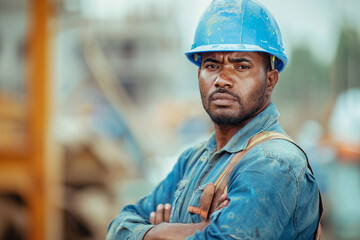 A man wearing a blue shirt and a blue hard hat is standing with his arms crossed