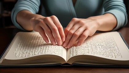  A close-up of hands gently reading a Braille book, with fingers tracing over the raised dots