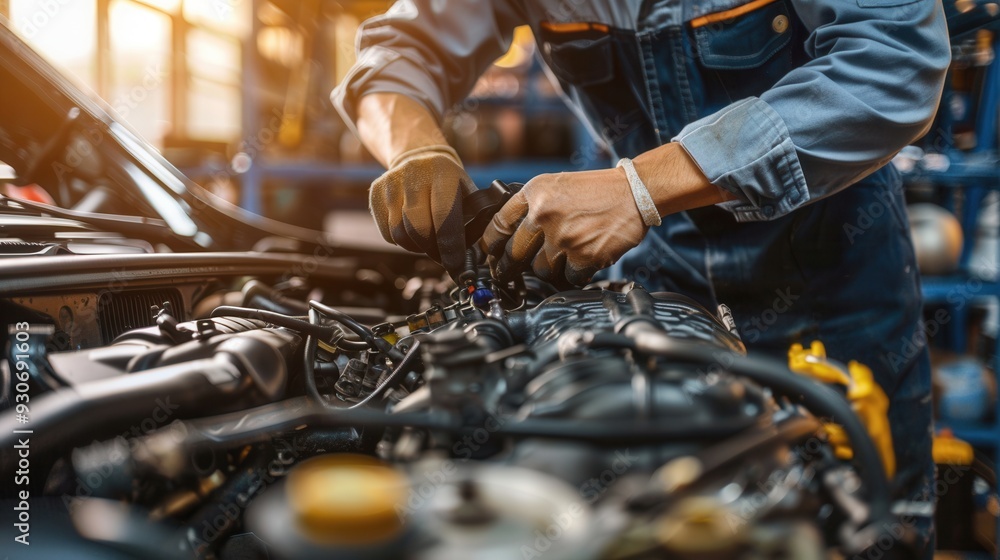 Fototapete A mechanic conducts a computer diagnosis while working on an engine repair inside a busy automotive workshop. Generative AI