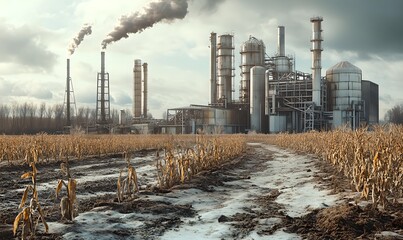 Obraz premium Industrial plants emitting smoke into the atmosphere. Air pollution. Environmental damage and climate change concept. Manufacturing industry.