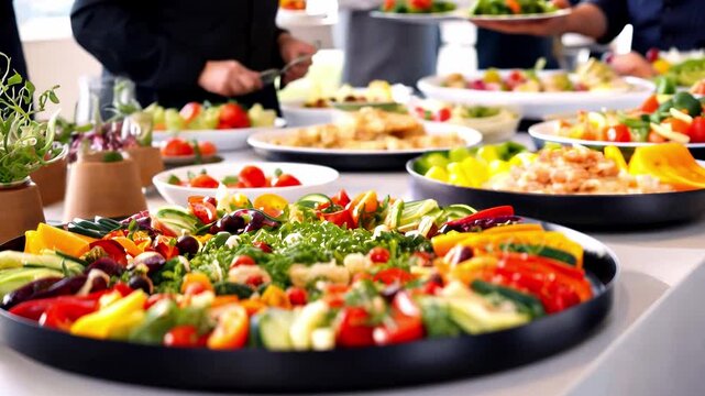 Catering buffet food. Delicious colorful meat and vegetable dishes on festive party background
