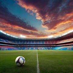 Fototapeta premium Empty stadium showcasing a well-maintained, lush green playing field under bright lights, football stadium inside view, stadium background, empty arena in neon light
