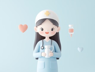 Cute 3D Illustration of a Smiling Nurse Holding a Cup with Medical Icons on a Light Blue Background