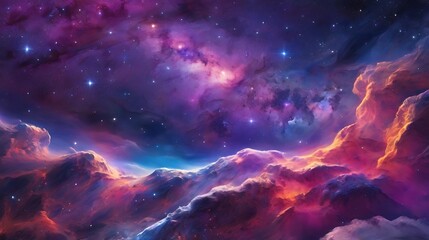 Fototapeta premium A vibrant, colorful space galaxy featuring swirling clouds of nebulae in vivid hues of purple, blue, pink, and orange