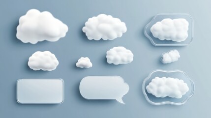 Fototapeta premium Realistic 3D modern mockup set of wobbler speech bubbles. Printed white promotion clouds stickers on plastic transparent strip. Isolated clear pricing labels.