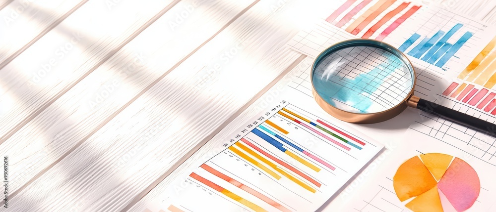 Aufkleber a close-up view of colorful graphs and charts with a magnifying glass on a wooden desk, ideal for bu