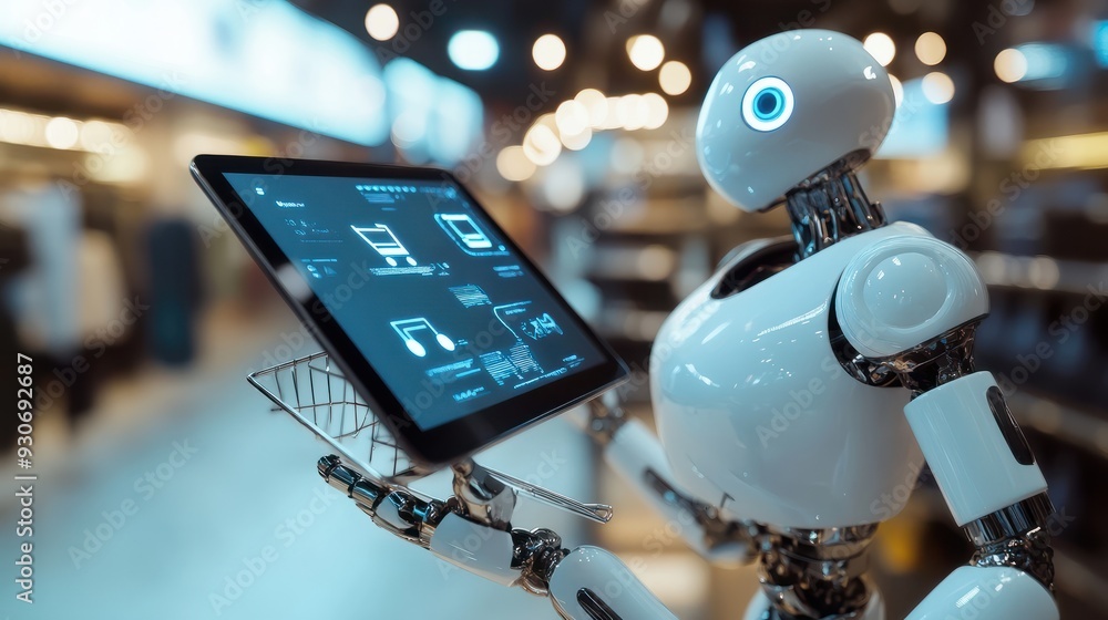 Poster robot holds the tablet and virtual shopping cart. future of shopping with innovative virtual shoppin