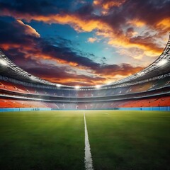Empty stadium showcasing a well-maintained, lush green playing field under bright lights, football stadium inside view,  stadium background, empty arena in neon light