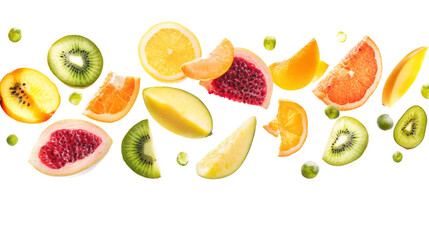 Fresh Fruit Slices Floating on Black Background.