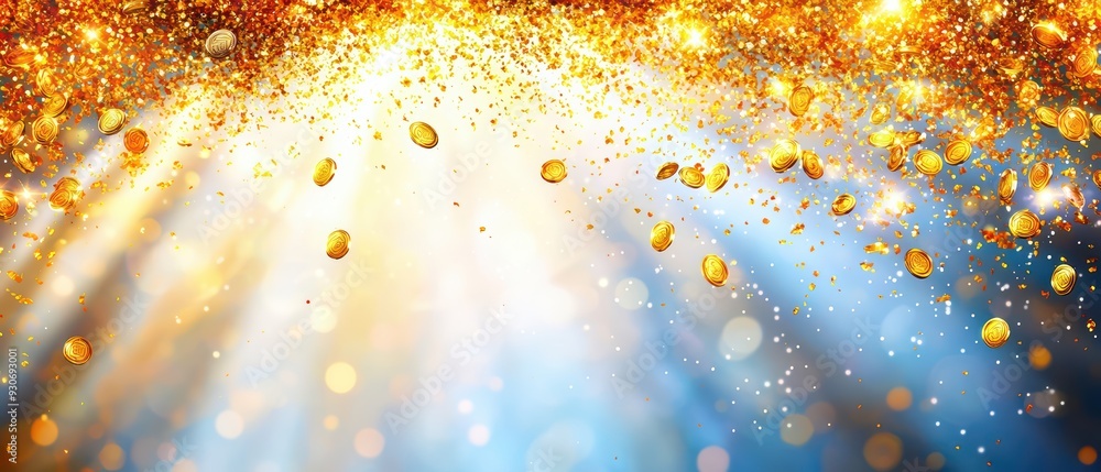 Poster a dazzling burst of golden particles and beams of light against a blue background, creating a magica