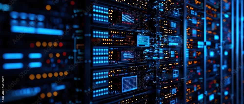 Poster a detailed view of server racks illuminated by blue and orange lights in a data center environment.