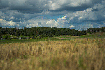 Fototapeta premium Thick clouds are flying low in the sky over green and yellow fields