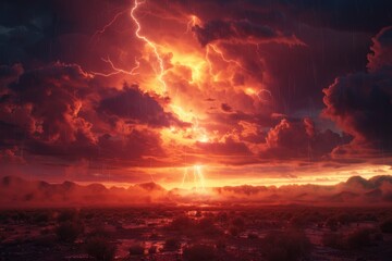 Crimson Thunderstorm - A vivid crimson sky crackles with lightning during a powerful thunderstorm over a rugged desert landscape.