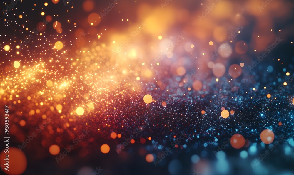 Poster gold bokeh lights abstract background. blurred shiny glitter particles backdrop. defocused light. fe