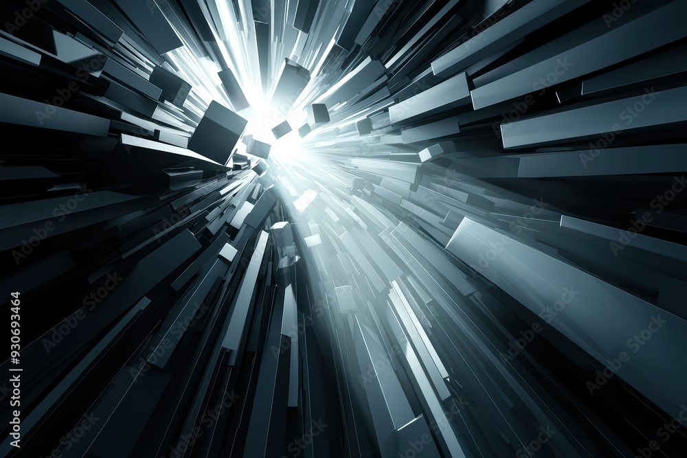 Poster a futuristic light burst with dynamic geometric shapes in a dark environment, creating an energetic 