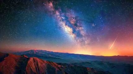 In the tranquil night, the Milky Way spans the sky, the majestic mountain range stands out clearly in the starlight, a meteor streaks across the night sky, disappearing on the horizon, a serene, myste