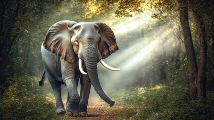 Fototapeta premium A majestic elephant walking through a sunlit forest, surrounded by trees, showcasing nature's beauty and wildlife.