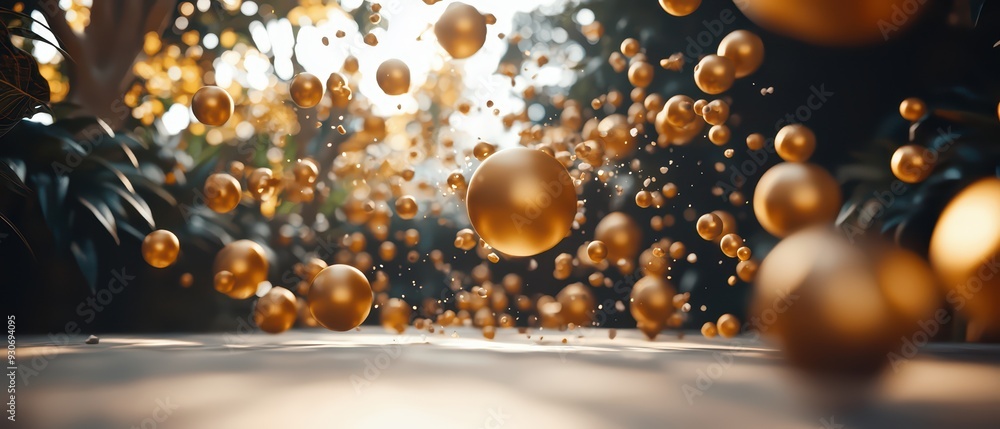 Poster a mesmerizing scene of floating golden spheres illuminating a serene environment with soft sunlight.