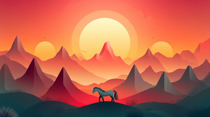 minimalist scene where a unicorn stands in front of abstract, simple mountain shapes, with a gradient sky background 