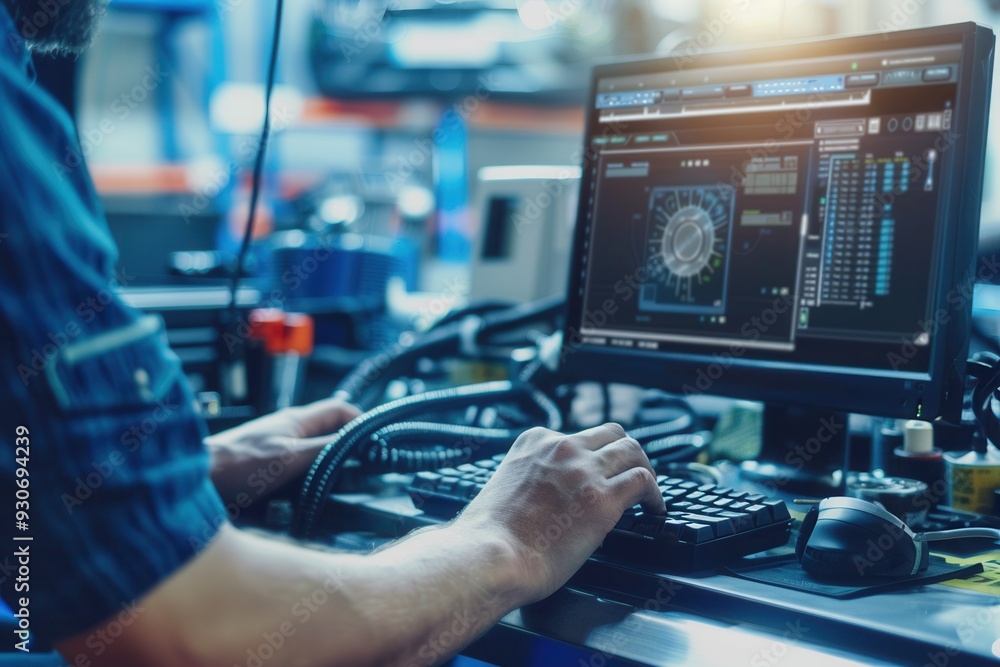 Fototapete A mechanic conducts a computer diagnosis on a car while working on engine repairs in a bustling garage filled with tools and equipment. Generative AI