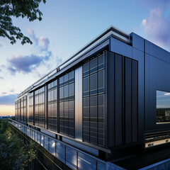 Fototapeta premium Modern building with solar panels and glass facade.