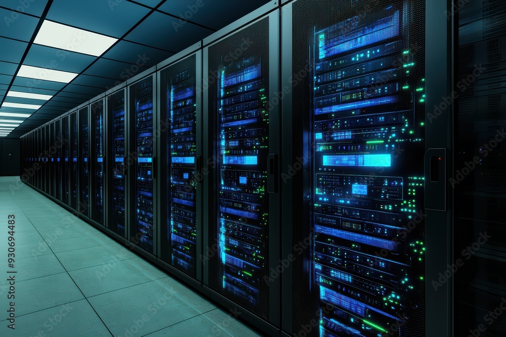 Poster a modern server room filled with sleek cabinets and glowing lights, showcasing advanced technology a