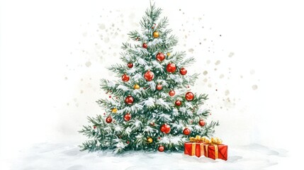 Watercolor christmas tree wih decorations on a white background