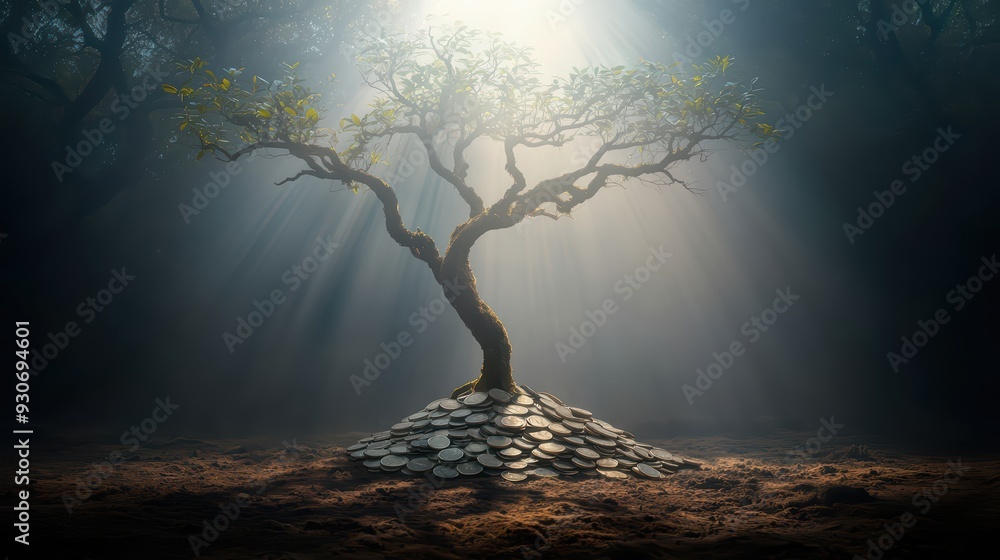 Poster a mystical tree stands on a mound, illuminated by rays of light in a serene forest setting, symboliz