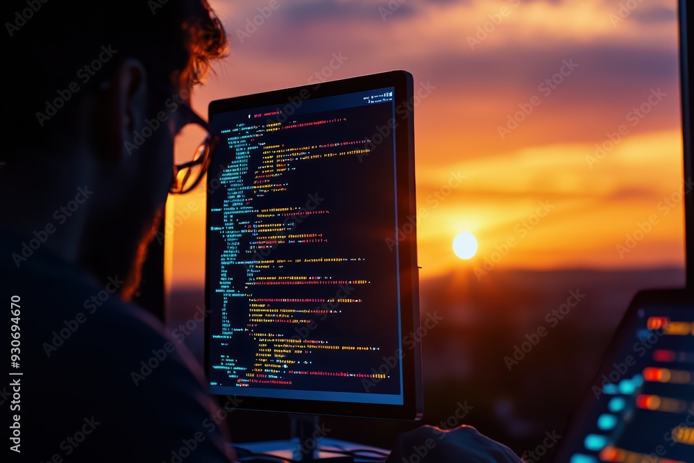 Poster a programmer coding at sunset, showcasing a blend of technology and nature in a serene atmosphere.