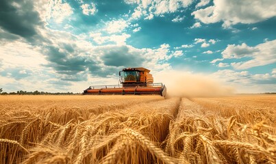 Fototapeta premium Combine harvester working in wheat field under cloudy sky. Agriculture machinery harvesting crops. Farming industry concept. Agricultural equipment