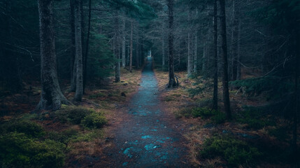 Obraz premium A mysterious path winds through a dense, shadowy forest.