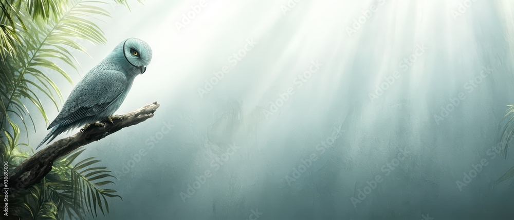 Poster a serene owl perched on a branch, surrounded by lush greenery and soft rays of light filtering throu