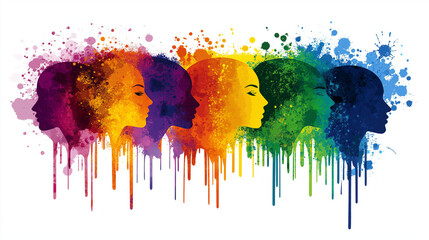 Fototapeta premium Six colorful faces in silhouette with dripping paint, symbolizing diversity and unity.